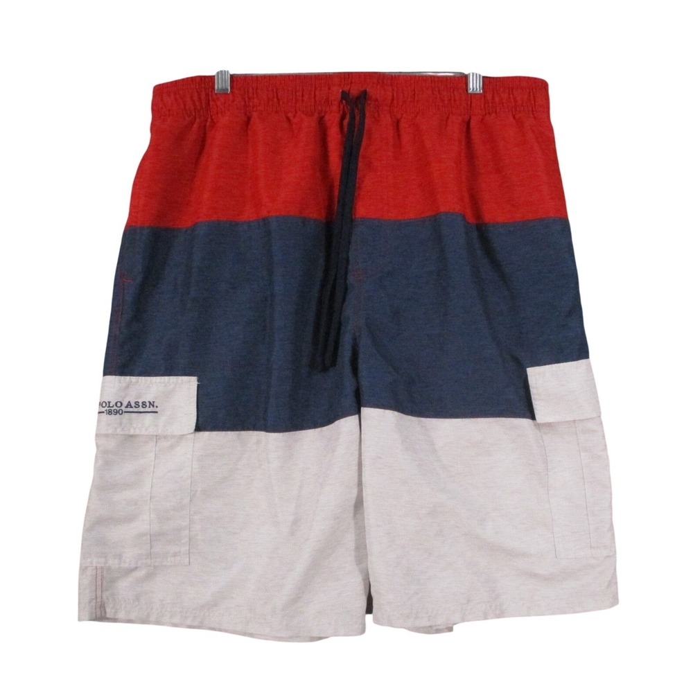 US Polo Assn Mens XXL Board Shorts Red Blue White Colorblock Cargo Swim Trunks